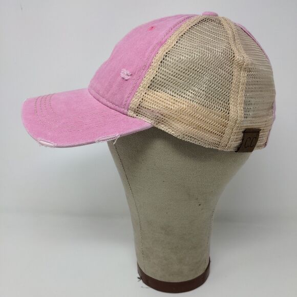 C.C. Womens Strapback Mesh Back Hat Pink Adjustable Distressed - Picture 4 of 12